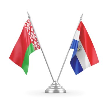 Paraguay ve Belarus masa bayrakları beyaz 3D görüntüleme üzerinde izole edildi 