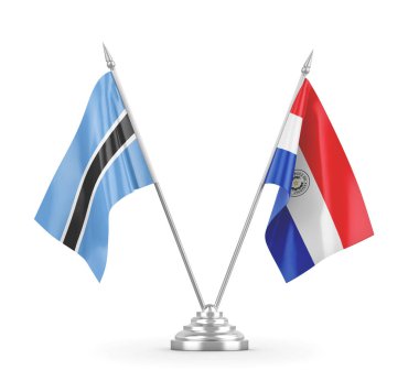 Paraguay ve Botswana masa bayrakları beyaz 3D görüntüleme üzerinde izole edildi 