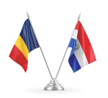 Paraguay ve Çad masa bayrakları beyaz 3D görüntüleme üzerinde izole 