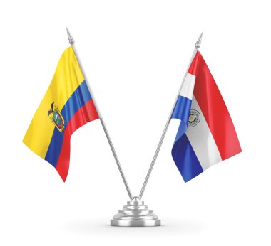 Paraguay ve Ekvador masa bayrakları beyaz 3D görüntüleme üzerinde izole edildi