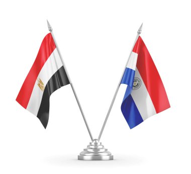 Paraguay ve Mısır masa bayrakları beyaz 3D görüntüleme üzerinde izole edildi