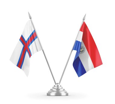 Paraguay ve Faroe Adaları masa bayrakları beyaz 3D görüntüleme üzerinde izole