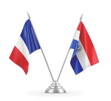Paraguay ve Fransa masa bayrakları beyaz 3D görüntüleme üzerinde izole edildi