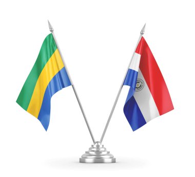 Paraguay ve Gabon masa bayrakları beyaz 3D görüntüleme üzerinde izole edildi