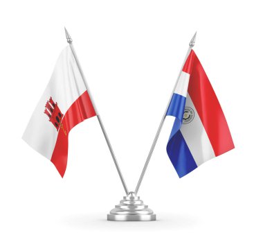 Paraguay ve Gibraltar masa bayrakları beyaz 3D görüntüleme üzerinde izole
