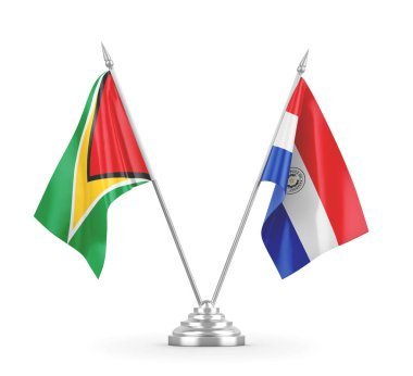 Paraguay ve Guyana masa bayrakları beyaz 3D görüntüleme üzerinde izole edildi