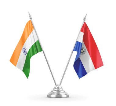 Paraguay ve Hindistan masa bayrakları beyaz 3D görüntüleme üzerinde izole edildi