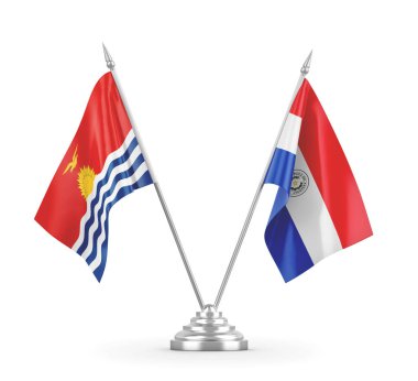Paraguay ve Kiribati masa bayrakları beyaz 3D görüntüleme üzerinde izole edildi