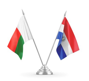 Paraguay ve Madagaskar masa bayrakları beyaz 3D görüntüleme üzerinde izole edildi