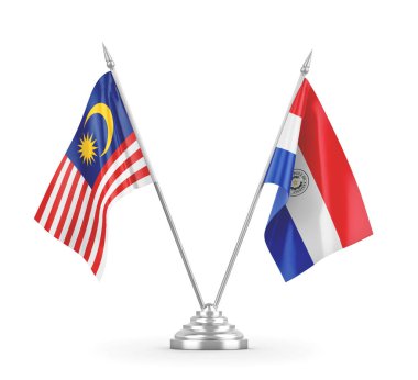 Paraguay ve Malezya masa bayrakları beyaz 3D görüntüleme üzerinde izole edildi