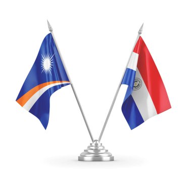 Paraguay ve Marshall Adaları masa bayrakları beyaz 3D görüntüleme üzerinde izole
