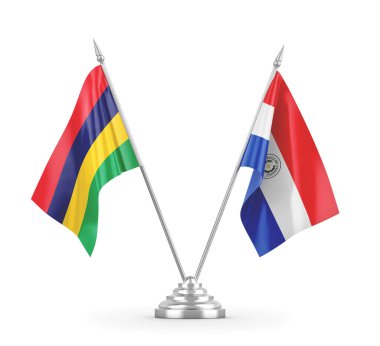 Paraguay ve Mauritius masa bayrakları beyaz 3D görüntüleme üzerinde izole edildi