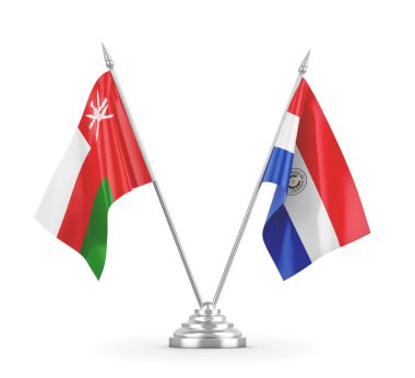 Paraguay ve Umman masa bayrakları beyaz 3D görüntüleme üzerinde izole