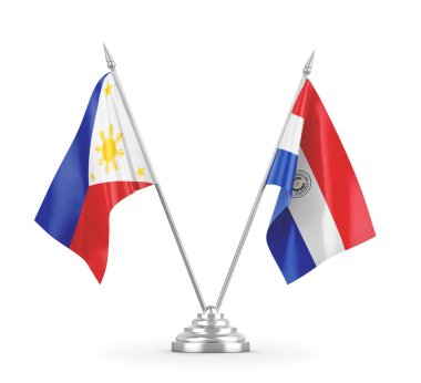 Paraguay ve Filipinler masa bayrakları beyaz 3D görüntüleme üzerinde izole