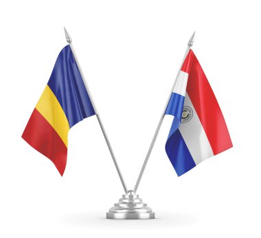 Paraguay ve Romanya masa bayrakları beyaz 3D görüntüleme üzerinde izole edildi