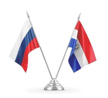 Paraguay ve Rusya masa bayrakları beyaz 3D görüntüleme üzerinde izole edildi