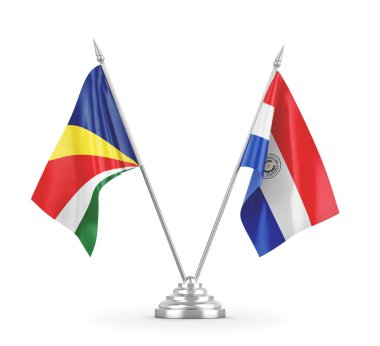 Paraguay ve Seyşeller masa bayrakları beyaz 3D görüntüleme üzerinde izole