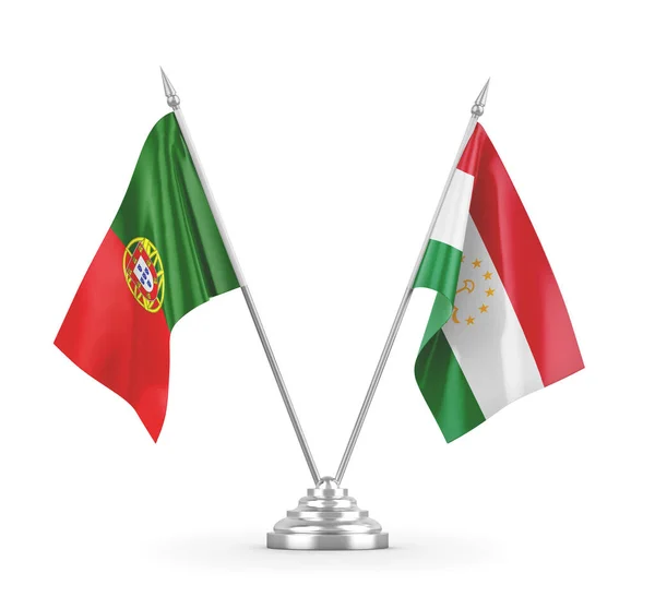 Banderas de mesa de Tayikistán y Portugal aisladas en renderizado 3D blanco — Foto de Stock