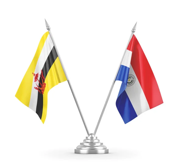 Bandiere da tavolo Paraguay e Brunei isolate su rendering 3D bianco — Foto Stock