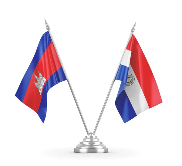 Banderas de mesa Paraguay y Camboya aisladas en renderizado 3D blanco — Foto de Stock