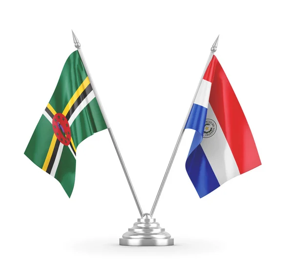 Banderas de mesa Paraguay y Dominica aisladas en renderizado 3D blanco — Foto de Stock