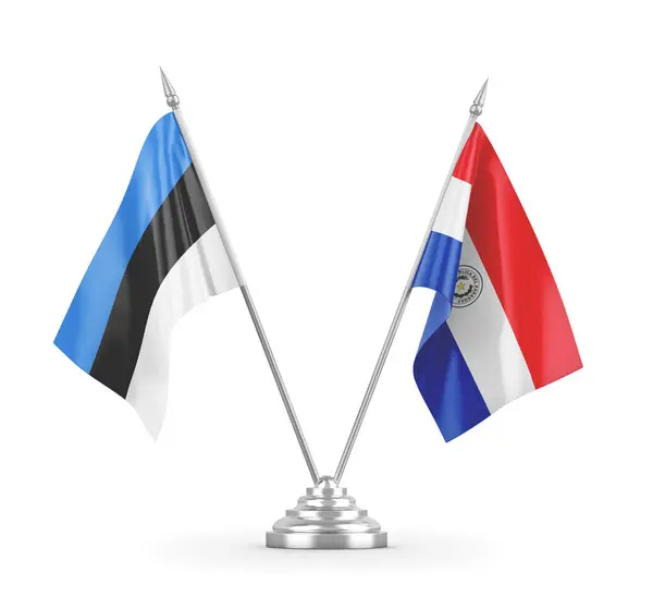 Banderas de mesa Paraguay y Estonia aisladas en renderizado 3D blanco — Foto de Stock