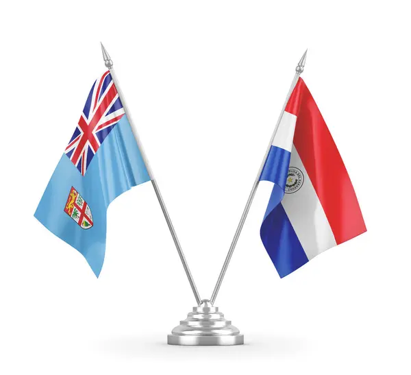 Bandiere da tavolo Paraguay e Fiji isolate su rendering 3D bianco — Foto Stock