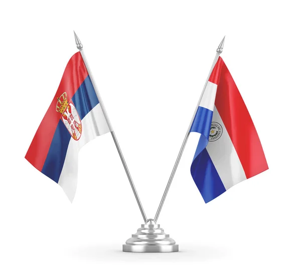 Banderas de mesa Paraguay y Serbia aisladas en renderizado 3D blanco — Foto de Stock