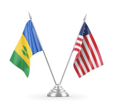 Liberya ve Saint Vincent ve Grenadine masa bayrakları beyaz üzerine izole edildi