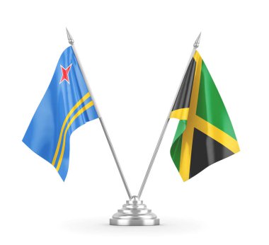 Jamaika ve Aruba masa bayrakları beyaz 3D görüntüleme üzerinde izole edildi