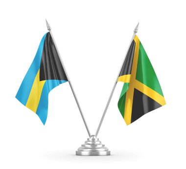 Jamaika ve Bahamalar masa bayrakları beyaz 3D görüntüleme üzerinde izole edildi 
