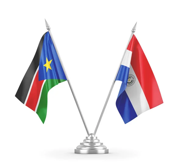Banderas de mesa Paraguay y Sudán del Sur aisladas en renderizado 3D blanco — Foto de Stock