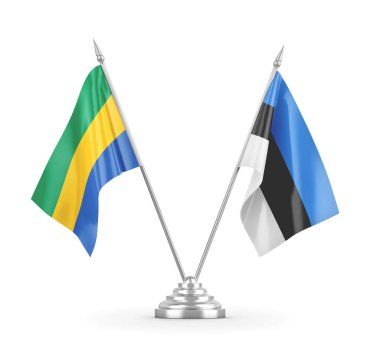 Estonya ve Gabon masa bayrakları beyaz 3D görüntüleme üzerinde izole edildi