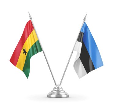 Estonya ve Gana masa bayrakları beyaz 3D görüntüleme üzerinde izole edildi