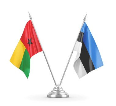 Estonya ve Gine-Bissau masa bayrakları beyaz 3D görüntüleme üzerinde izole edildi
