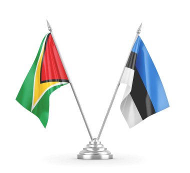 Estonya ve Guyana masa bayrakları beyaz 3D görüntüleme üzerinde izole edildi