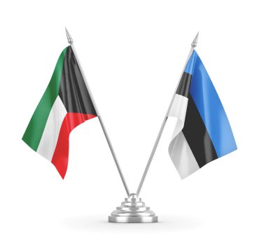 Estonya ve Kuveyt masa bayrakları beyaz 3D görüntüleme üzerinde izole edildi