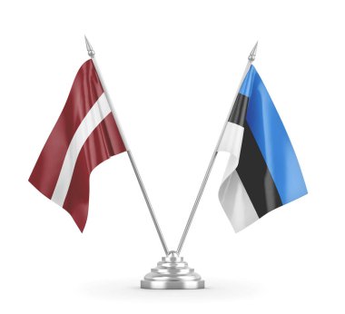 Estonya ve Letonya masa bayrakları beyaz 3D görüntüleme üzerinde izole edildi