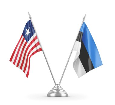 Estonya ve Liberya masa bayrakları beyaz 3D görüntüleme üzerinde izole edildi