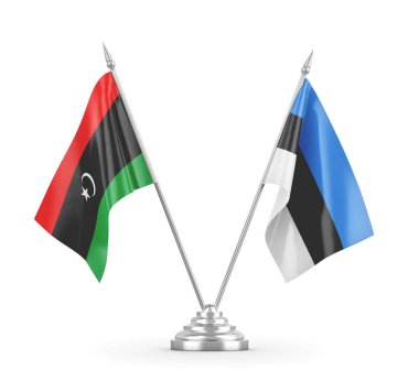 Estonya ve Libya masa bayrakları beyaz 3D görüntüleme üzerinde izole edildi