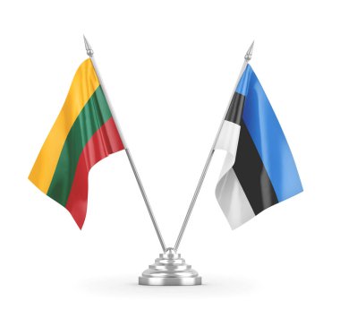 Estonya ve Litvanya masa bayrakları beyaz 3D görüntüleme üzerinde izole edildi