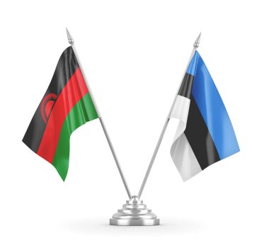 Estonya ve Malawi masa bayrakları beyaz 3D görüntüleme üzerinde izole edildi