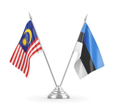 Estonya ve Malezya masa bayrakları beyaz 3D görüntüleme üzerinde izole edildi