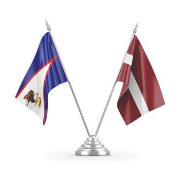Letonya ve Amerikan Samoa masa bayrakları beyaz 3D görüntüleme üzerinde izole edildi