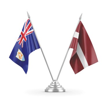 Letonya ve Anguilla masa bayrakları beyaz 3D görüntüleme üzerinde izole