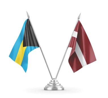 Letonya ve Bahamalar masa bayrakları beyaz 3D görüntüleme üzerinde izole edildi 