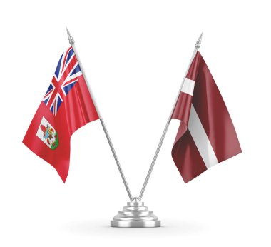 Letonya ve Bermuda masa bayrakları beyaz 3D görüntüleme üzerinde izole edildi