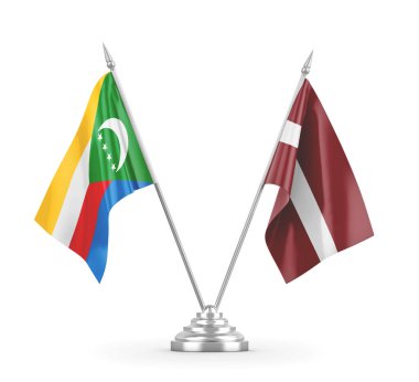 Letonya ve Komoros masa bayrakları beyaz 3D görüntüleme üzerinde izole