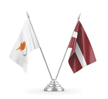 Letonya ve Kıbrıs masa bayrakları beyaz 3D görüntüleme üzerinde izole edildi