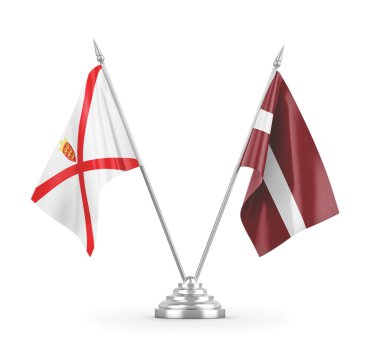 Letonya ve Jersey masa bayrakları beyaz 3D görüntüleme üzerinde izole